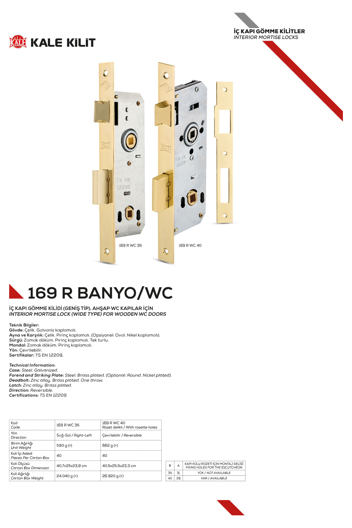 Kale Kilit 169R WC İç Kapı Gömme Kilidi (40 mm) – Banyo/WC Kilidi