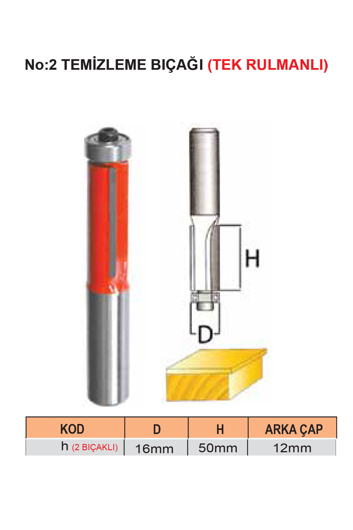 No:2 Temizleme Bıçağı Tek Rulmanlı 16x50 mm – 2 Bıçaklı – 12 mm Şaft (Kod h)