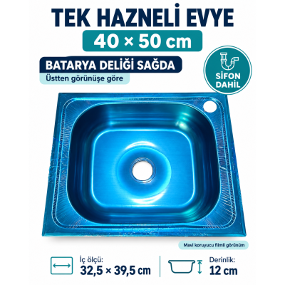 40 × 50 cm Tek Hazneli Evye – Batarya Deliği Sağda, Sifon Dahil