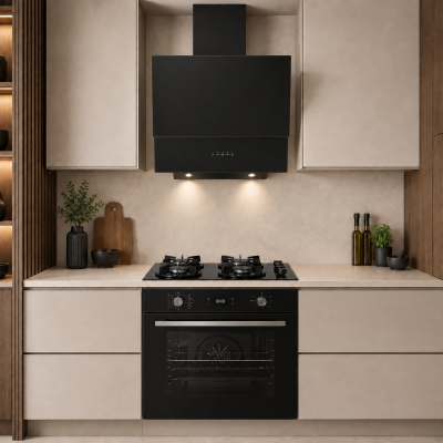 Alveus Set 815 S Siyah Üçlü Ankastre Set Köşeli Cam Davlumbaz • Dört Gözlü Gazlı Ocak • 15 Fonksiyonlu Airfryer Fırın