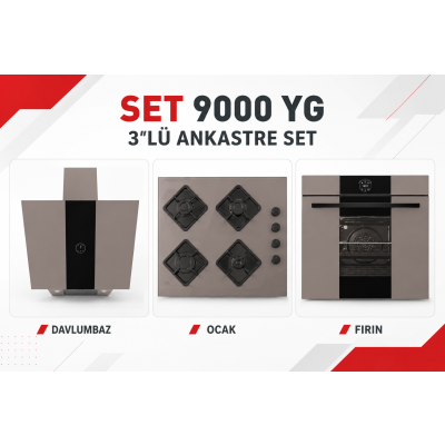 Alveus Set 9000 YG Gri Üçlü Ankastre Set Gri Davlumbaz • Dört Gözlü Gazlı Ocak • 7 Fonksiyonlu Ankastre Fırın