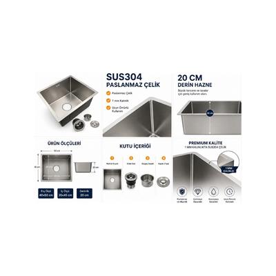 Compact 40x50 cm Inox Mutfak Evyesi – SUS304 Paslanmaz Çelik – 1 mm Kalınlık – 20 cm Derin Hazne