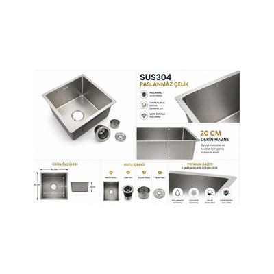 Compact Ankastre İnox Mutfak Evyesi 40x45 cm – SUS304 Paslanmaz Çelik – 1 mm Kalınlık – 20 cm Derin Hazne