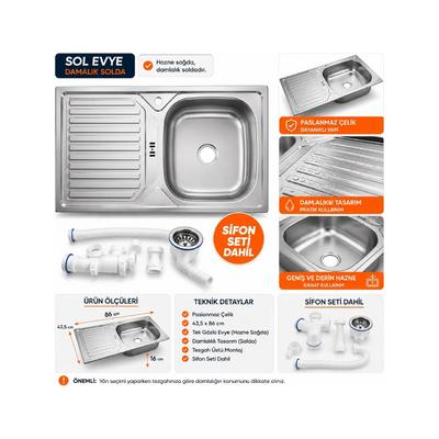 Compact Paslanmaz Çelik Sol Damlalıklı Evye 86x43,5 cm Tek Gözlü Evye Sifon Dahil