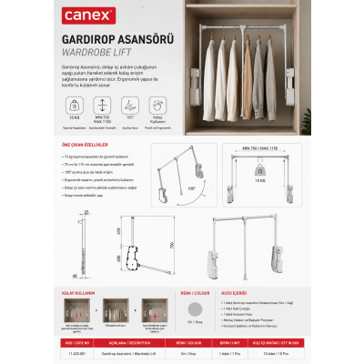 Gardırop Asansörü | Ayarlanabilir Dolap Askılık Sistemi 15 Kg