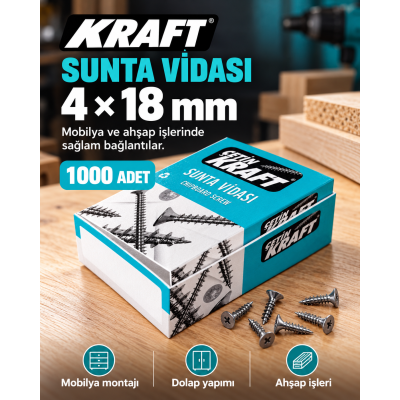 Kraft Sunta Vidası 4 × 18 mm – 1 Koli / 10 Paket / 10.000 Adet